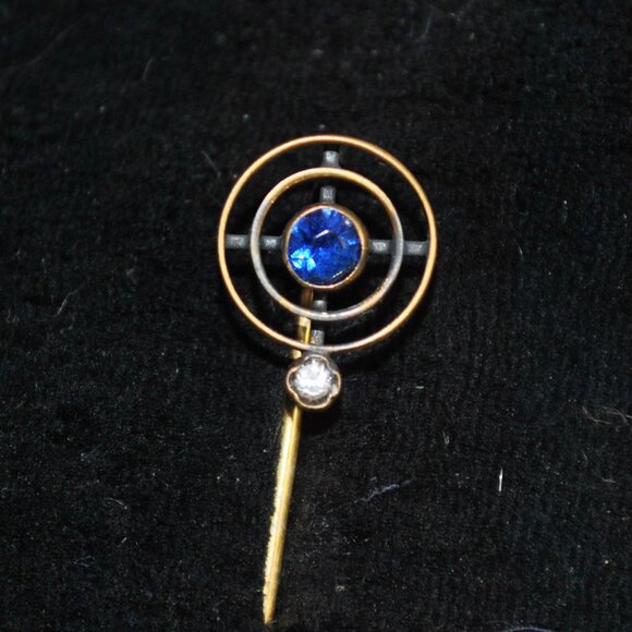 Antique Gold-plated "Target" Stick Pin with Blue & White Glass Stones - Picture 1 of 7